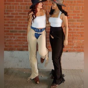 Congress Leather Fringe Chaps Ultra Suede 2 Sets Black And Cream Size Small 4-6